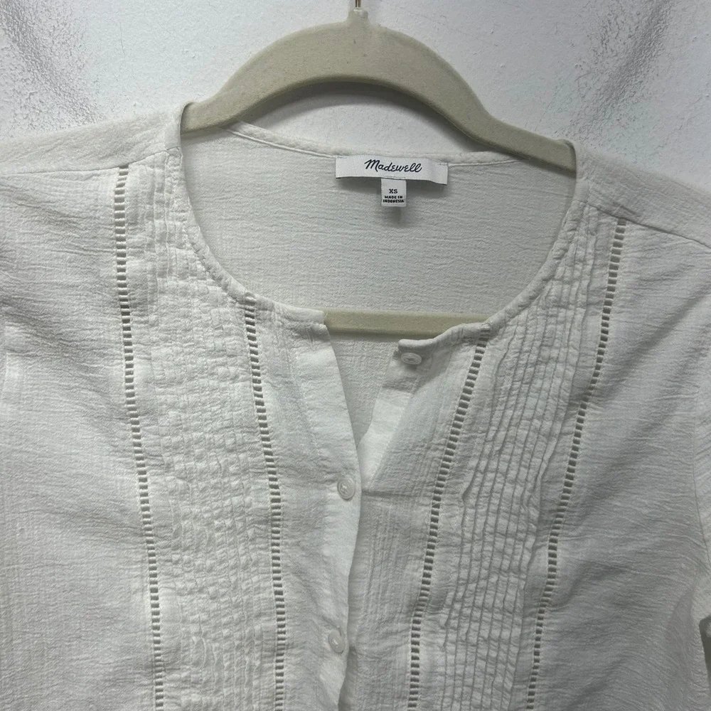 Madewell White Cotton Gauze Pintuck Ladder Lace Ruffle Hem Blouse AF666 XS - Picture 4 of 8
